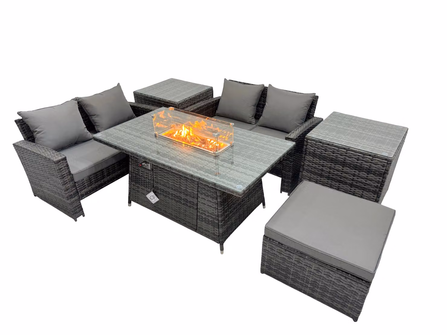 Fimous Outdoor Love Sofa Set in Dark Grey with 5 Seats, Gas Firepit Table, Large Stool and 2 Side Tables – 2