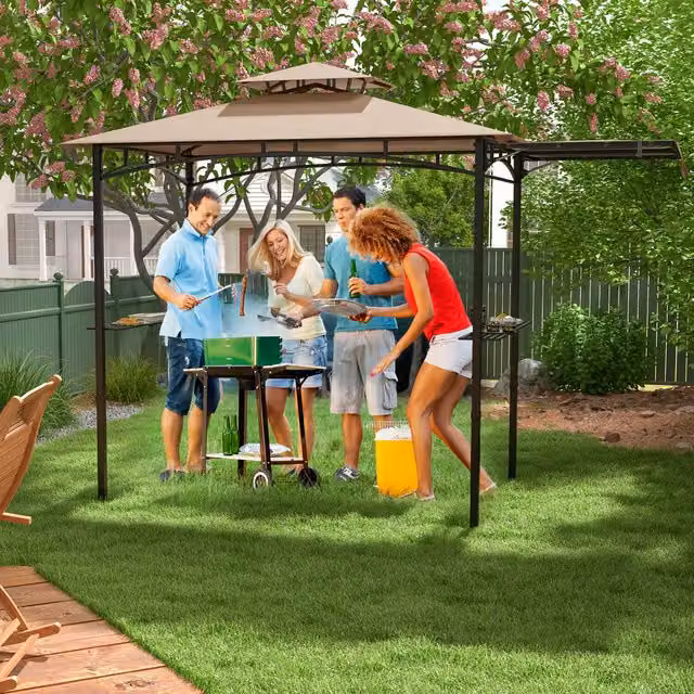 COSTWAY Freestanding Outdoor Barbecue Canopy Tent Grill Gazebo in Beige and Brown