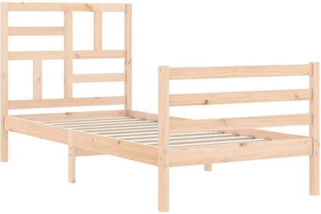Berkfield Home Beautiful Bed Frame with Headboard in Beige Solid Pine Wood, W/D/H: 90 x 200 x 104 cm