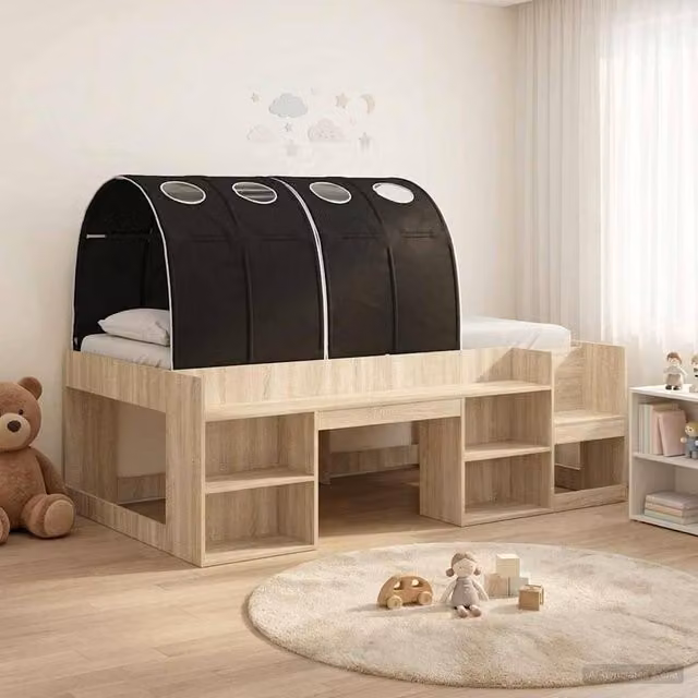 Berkfield Home 3-Piece Childrens Bed Frame with House Tunnel and Bedside Shelves in Sonoma Oak and Black