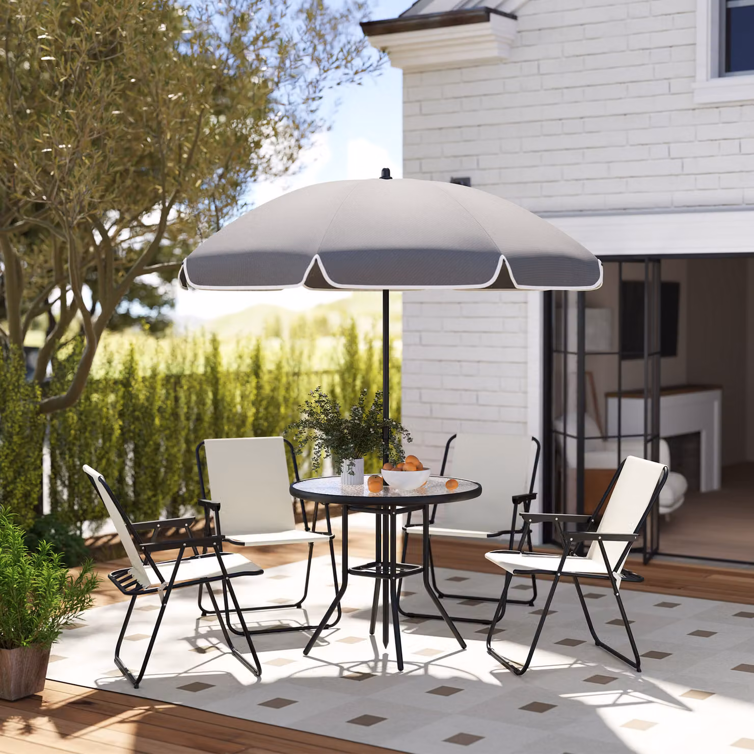 Outsunny 4 Seater Garden Dining Set with Round Glass Top Table and Folding Chairs in White – 2