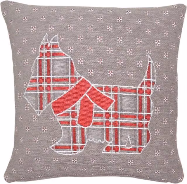 Velosso Grey Checked Chenille Scotty Dog Square Cushion
