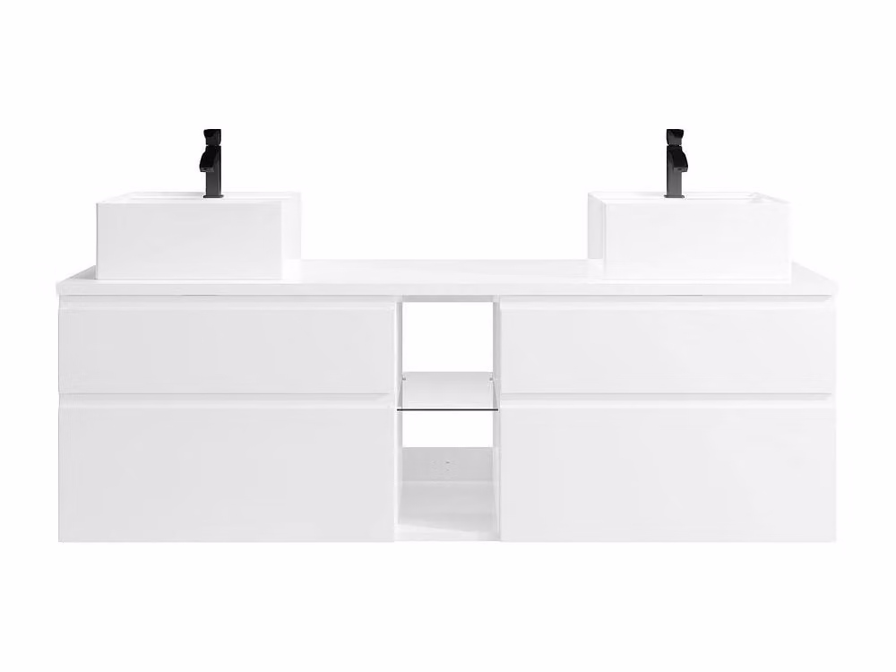 Vente-unique Wall-Hung Bathroom Cabinet with Double Ceramic Washbasin, White, W: 150 cm, D: 50 cm, H: 46 cm – 2