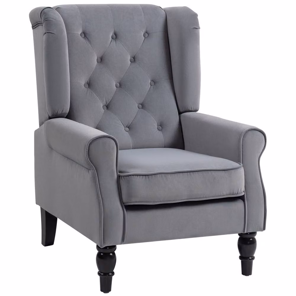 Wyld Haus Linimo Grey Velvet Wingback Accent Chair with Button Tufting H 102 x W 74 x D 86 cm – 2