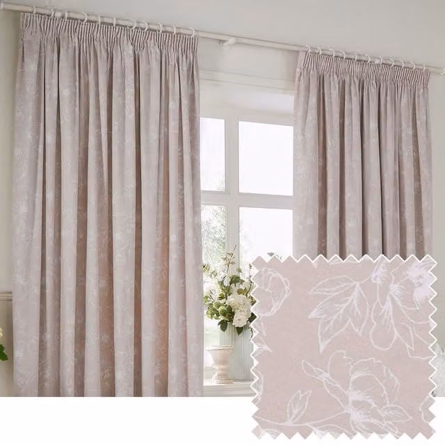 Wylder Bella Floral 100% Cotton Pencil Pleat Curtain Pair in Beige, Width: 168 cm, Drop: 229 cm