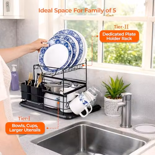 Innoteck Essentials 2 Tier Dish Drainer Rack with Removable Cutlery Holder and Metal Drip Tray, Black, W: 41.5 cm, D: 30.5 cm, H: 27 cm – 3