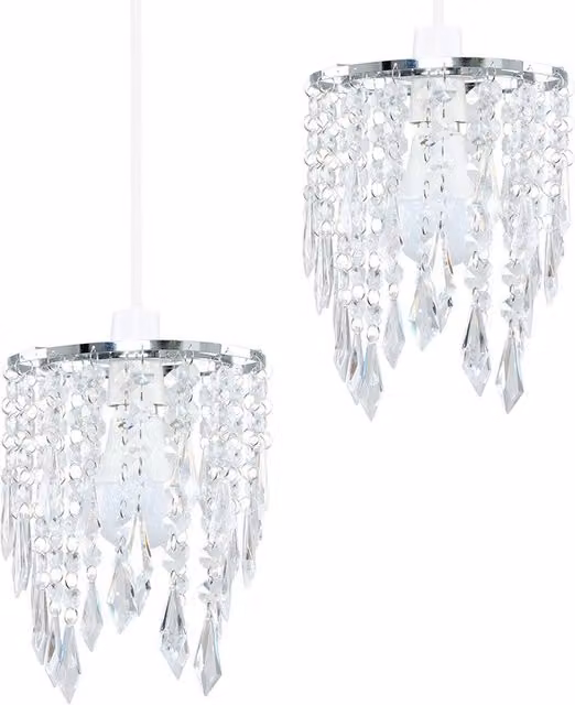 ValueLights Pair of Silver Cylinder Ceiling Pendant Shades with Transparent Acrylic Crystal Effect Droplets