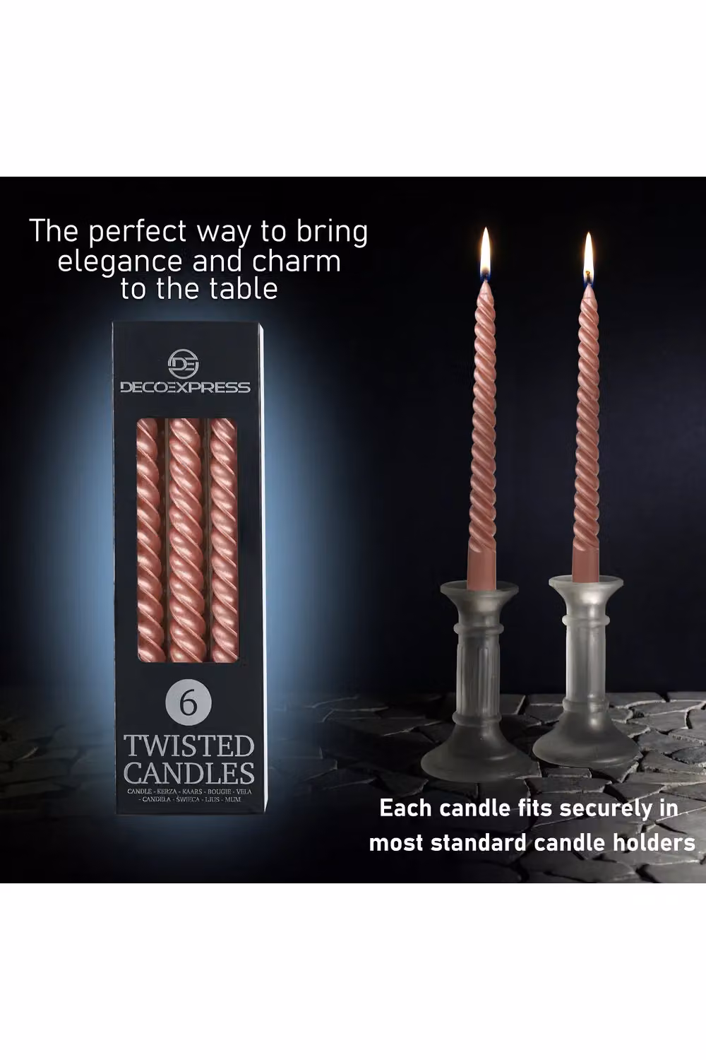 Deco Express Non-Drip Twisted Non-Scented Dinner Candles, Copper, Pack of 6 – 9