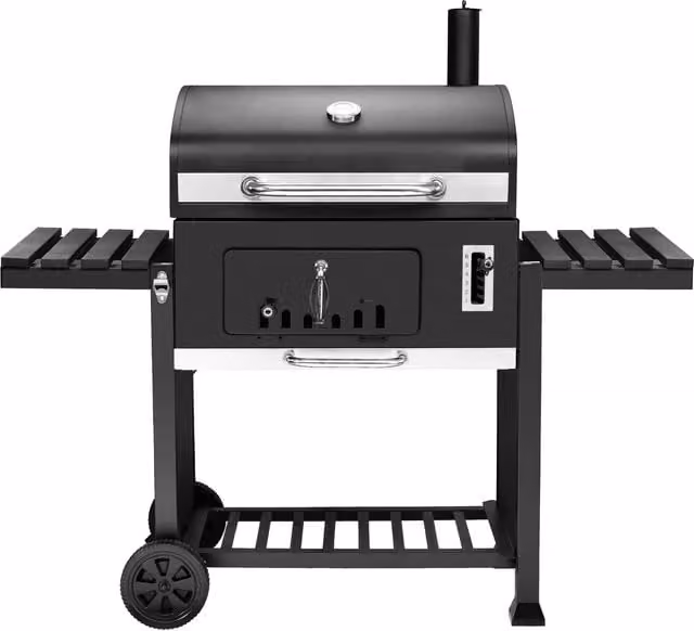 Callow XXL Charcoal BBQ Grill with Thermometer and Two Side Tables, Black