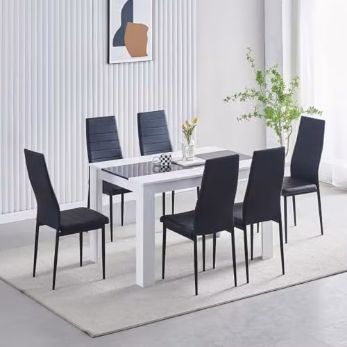 KOSY KOALA Modern Dining Table Set with 6 Black Faux Leather Chairs, White and Black Glass Top, W/D/H: 140 x 80 x 75 cm – 2