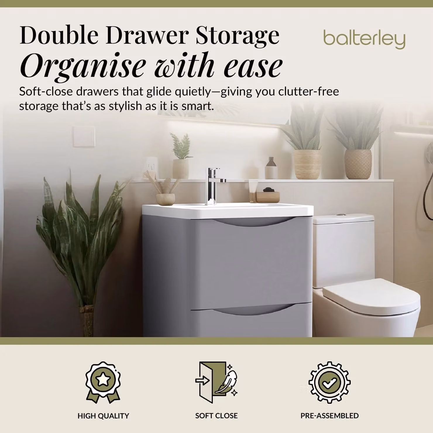Balterley Grey 2 Drawer Floor Standing Bathroom Vanity Unit and Basin W: 55 cm, H: 84 cm – 2