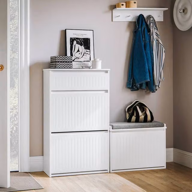 SoBuy Modern Slim White Shoe Cabinet with Drawer and Tilting Compartments