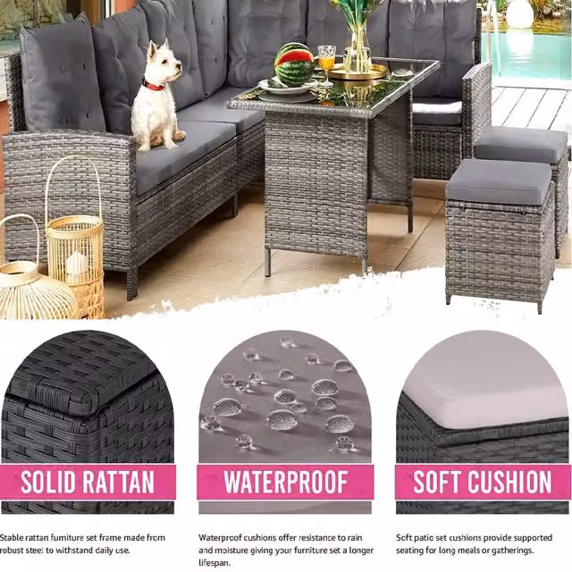 tectake Barletta 8 Seat Rattan Garden Corner Set in Grey and Beige with Glass and Metal Details