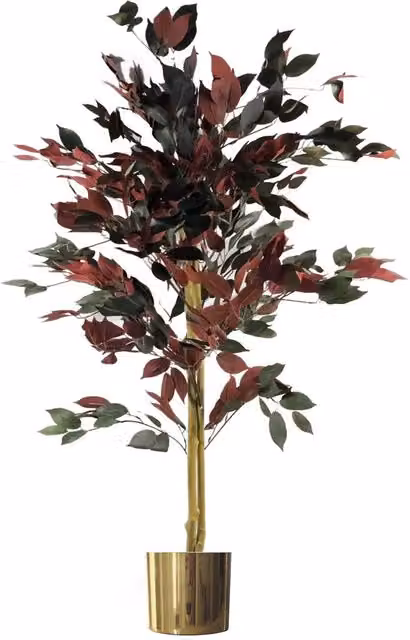 Artificial Red Ficus Tree with Gold Metal Planter in Green, Red and Yellow
