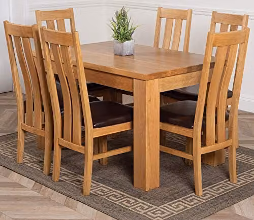 Oak Furniture King Dakota Solid Oak Dining Table and Princeton 6 Seater Chairs Set with Upholstered Leather Seats, Brown, W/D/H: 127 x 82 x 77 cm