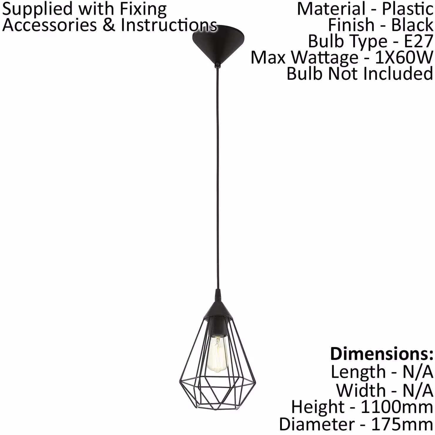 Loops Black Geometric Wire Cage Lighting Set Including 1x Ceiling Pendant and 2x Matching Wall Lights – 1
