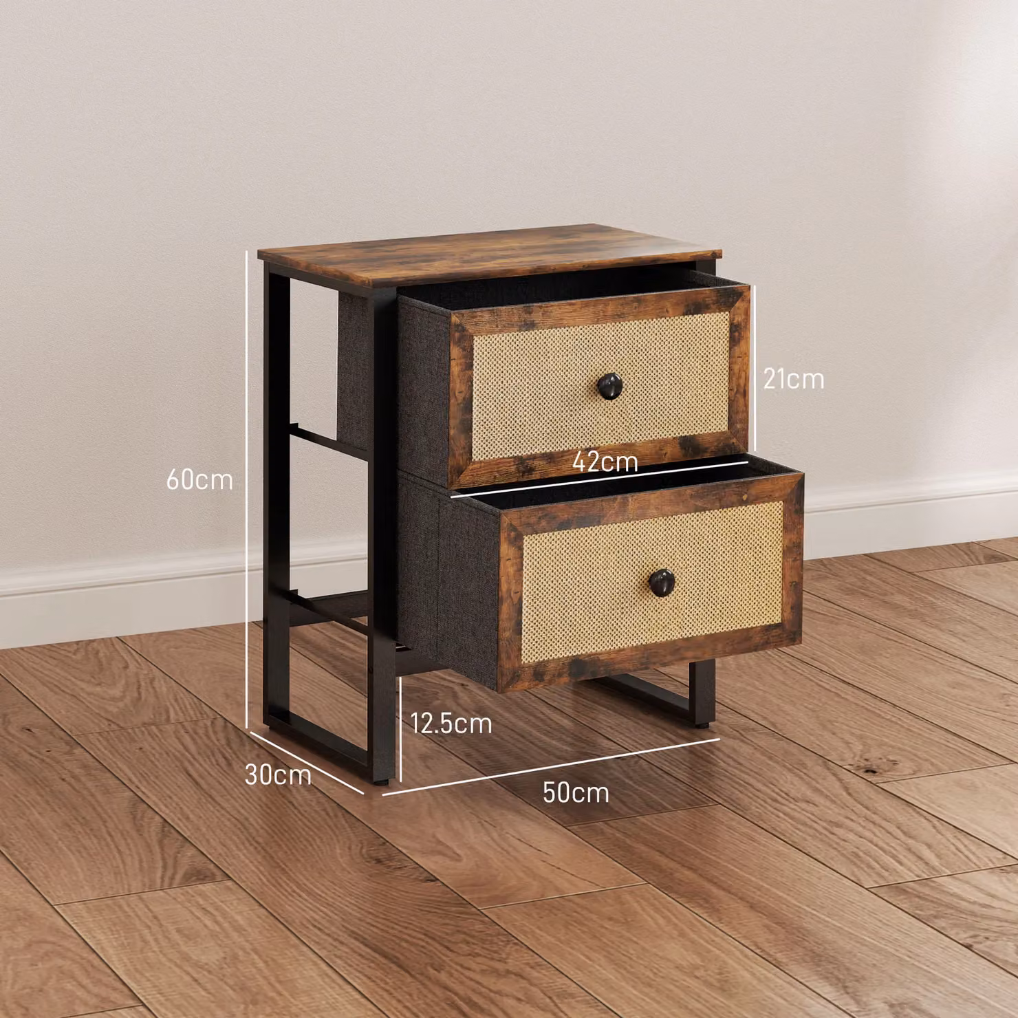 HOMCOM Bedside Table with 2 Rattan Drawers and Steel Legs, Rustic Brown and White – 3