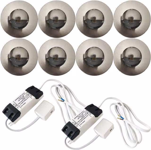 Loops Eyelid LED Plinth Light Kit with 8 Round Stainless Steel Spotlights in Silver for Kitchen and Bathroom – 1