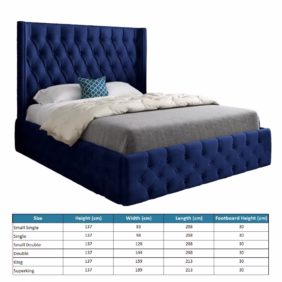 KDMD Turin Blue Velvet Upholstered Chesterfield Bed Frame, W: 140 cm, D: 200 cm, H: 137 cm – 4