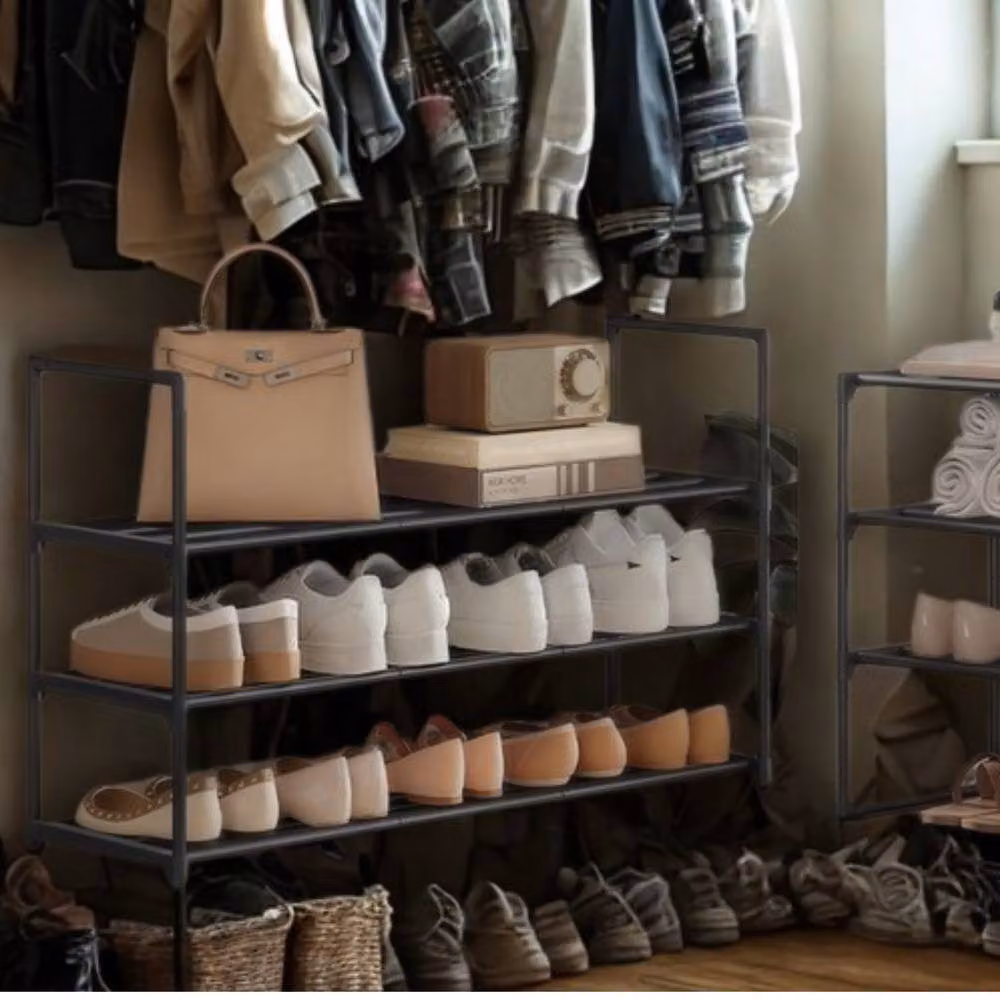 Pirlo Plush 3 Tier Metal Shoe Rack with Open Shelves in Black – 2