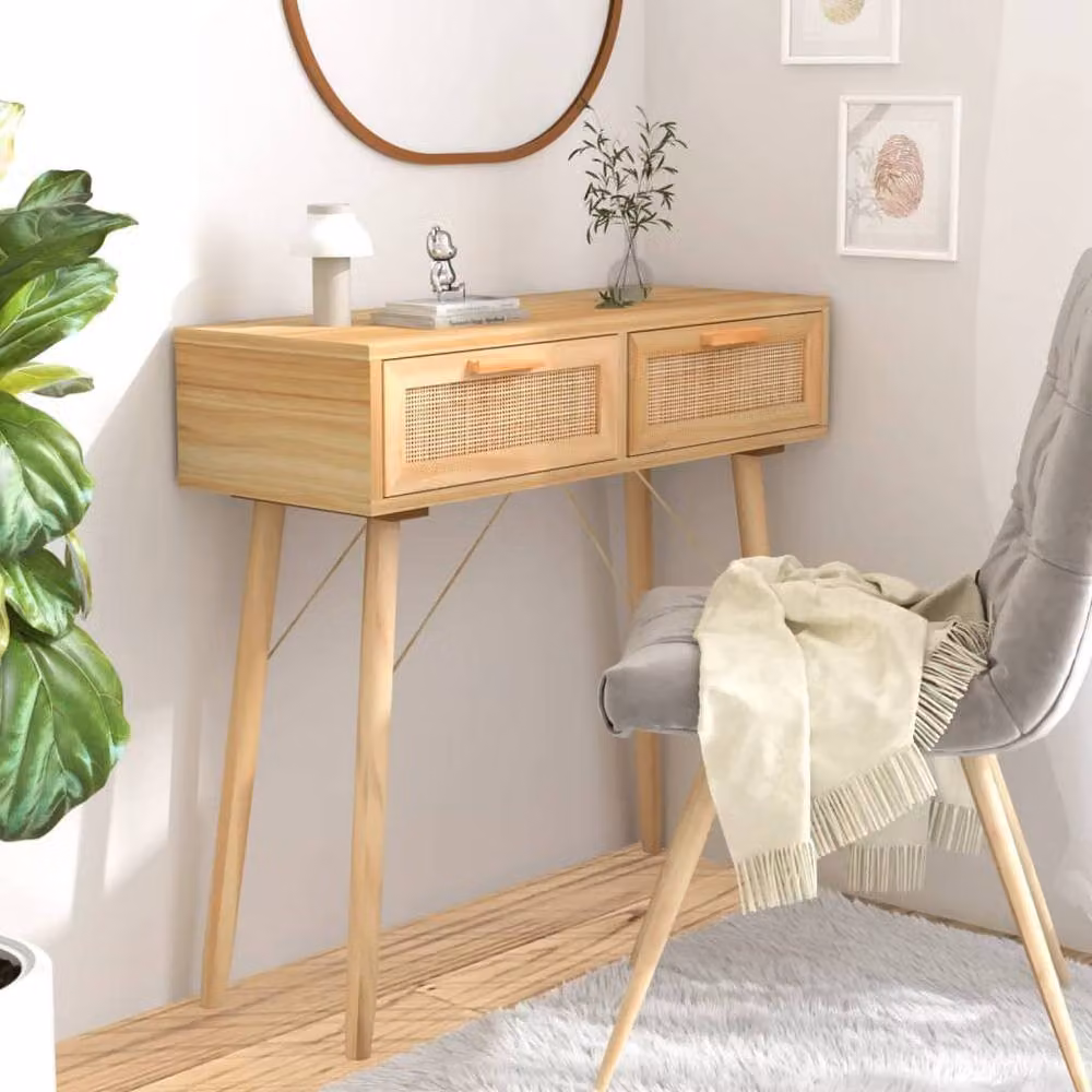Berkfield Home Scandinavian Console Table in Brown and Light Tan, Solid Pine Wood and Natural Rattan, W/D/H: 80 x 30 x 75 cm – 2