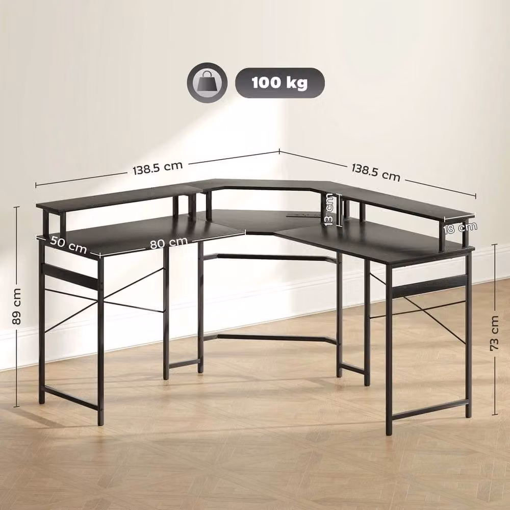 FORGEVIO L-Shaped Corner Computer Desk with Monitor Stand in Black – 1