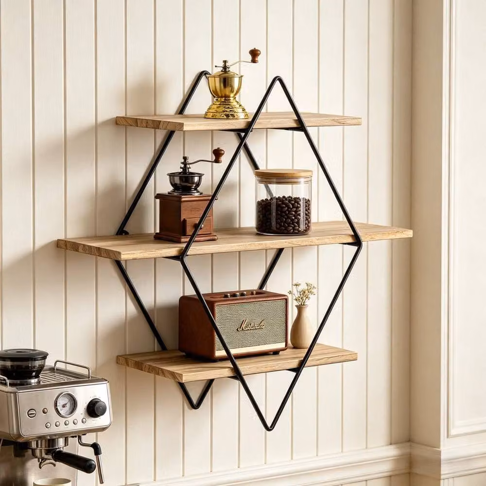 KORVIXA 3 Tier Heavy Duty Diamond Floating Ledge Wall Mounted Shelves in Brown – 3
