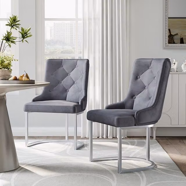 Komore Grey Velvet Upholstered Tufted Dining Chair