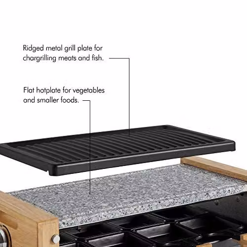 VonShef Electric Raclette Grill in Black with 1200W Power, 8 Person Capacity, 2 Removable Non-Stick Plates, Natural Stone and Ribbed Plates, and Adjustable Thermostat – 5