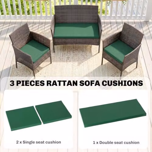 Outsunny Set of 3 Green Rectangular Rattan Garden Seat Cushion Pads with Removable Washable Covers – 4