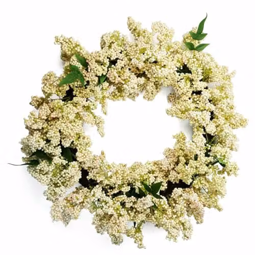 Leaf Artificial Hanging White Berries Wreath in Green, Diameter: 55 cm