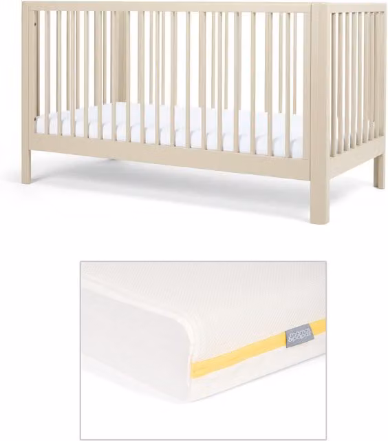 Mamas & Papas Arbor Cotbed and Essential Airflow Fibre Mattress Bundle, Beige, W/D/H: 140 x 70 x 70 cm