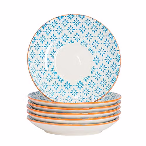 Nicola Spring Hand Printed Blue Floral Stoneware Cappuccino Saucers, Pack of 6, Diameter: 14.5 cm – 1