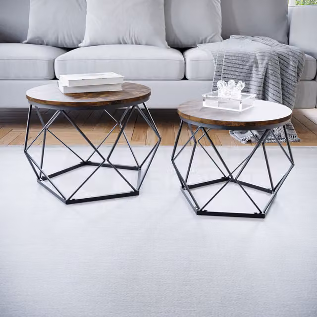 Vida Designs Brooklyn Nest of 2 Geometric Industrial Tables in Brown and Dark Wood with Marble and Stone Tops