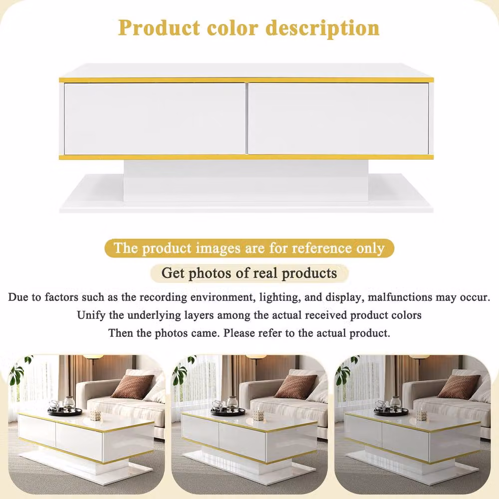 Rolipo Modern LED Coffee Table in White High Gloss with 3 Drawers and Gold Details, W: 100 cm – 3