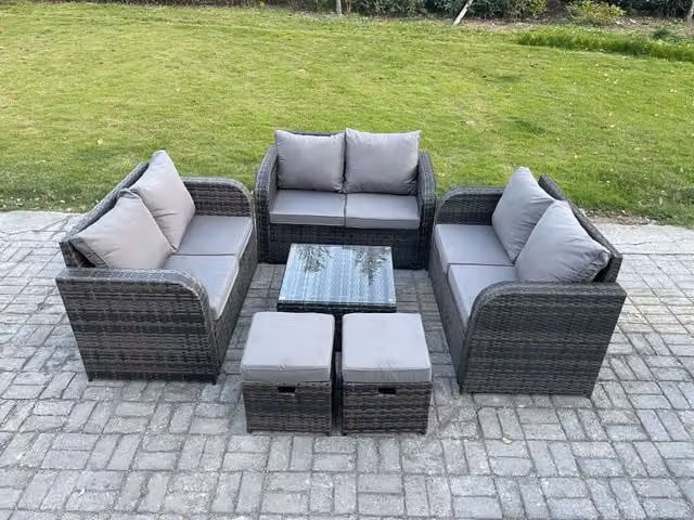 Fimous 8 Seater Wicker Rattan Outdoor Garden Furniture Set in Grey with Square Coffee Table, Love Seat and 2 Footstools