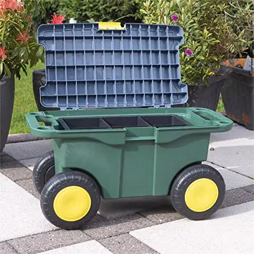 mysmartbuy Garden Tool Trolley and Seat in Green, Plastic Storage Cart with 4 Wheels, 2 Handles, Clasp Lid and Removable Tray, H: 30 cm, W: 55 cm, D: 27 cm – 7
