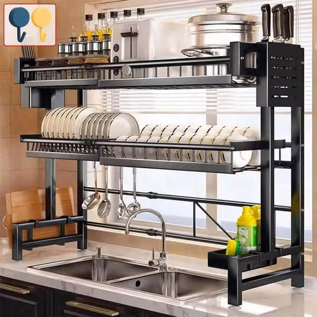 Ventryn 2 Tier Adjustable Over Sink Dish Rack, Black Metal Expandable Design