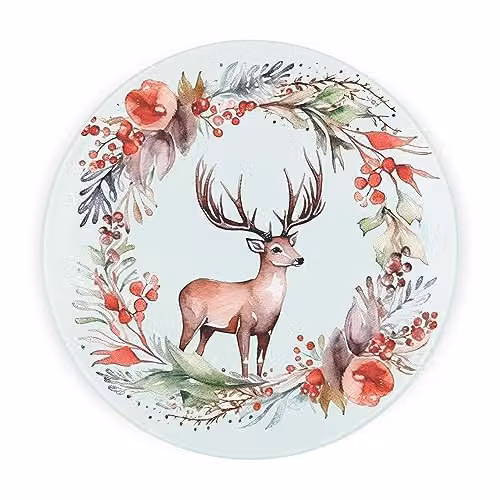 Purely Home Round Glass Worktop Protector with Non-Slip Feet, Deer Christmas Wreath Design, Multicolour and White, Diameter: 30 cm