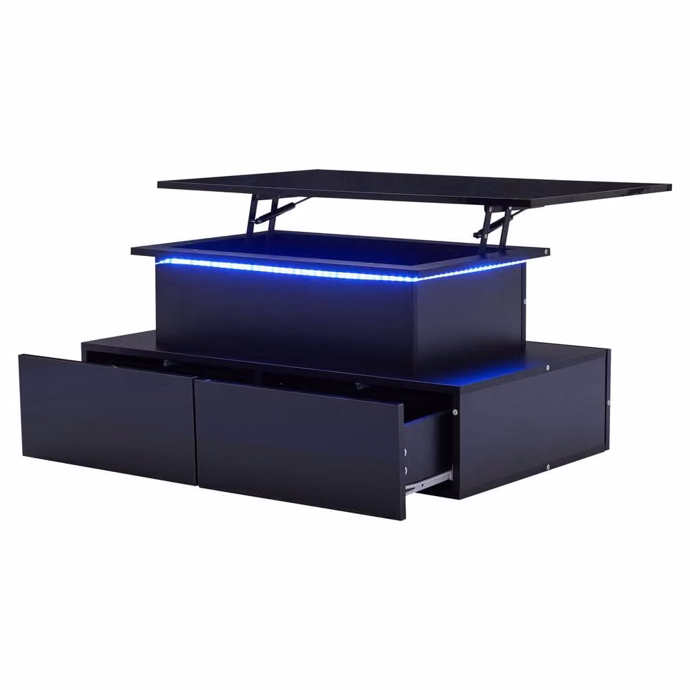 Merax Modern Lift Top LED Coffee Table in Black with 4 Push-to-Open Drawers, W/D/H: 120 x 60 x 45 cm – 1