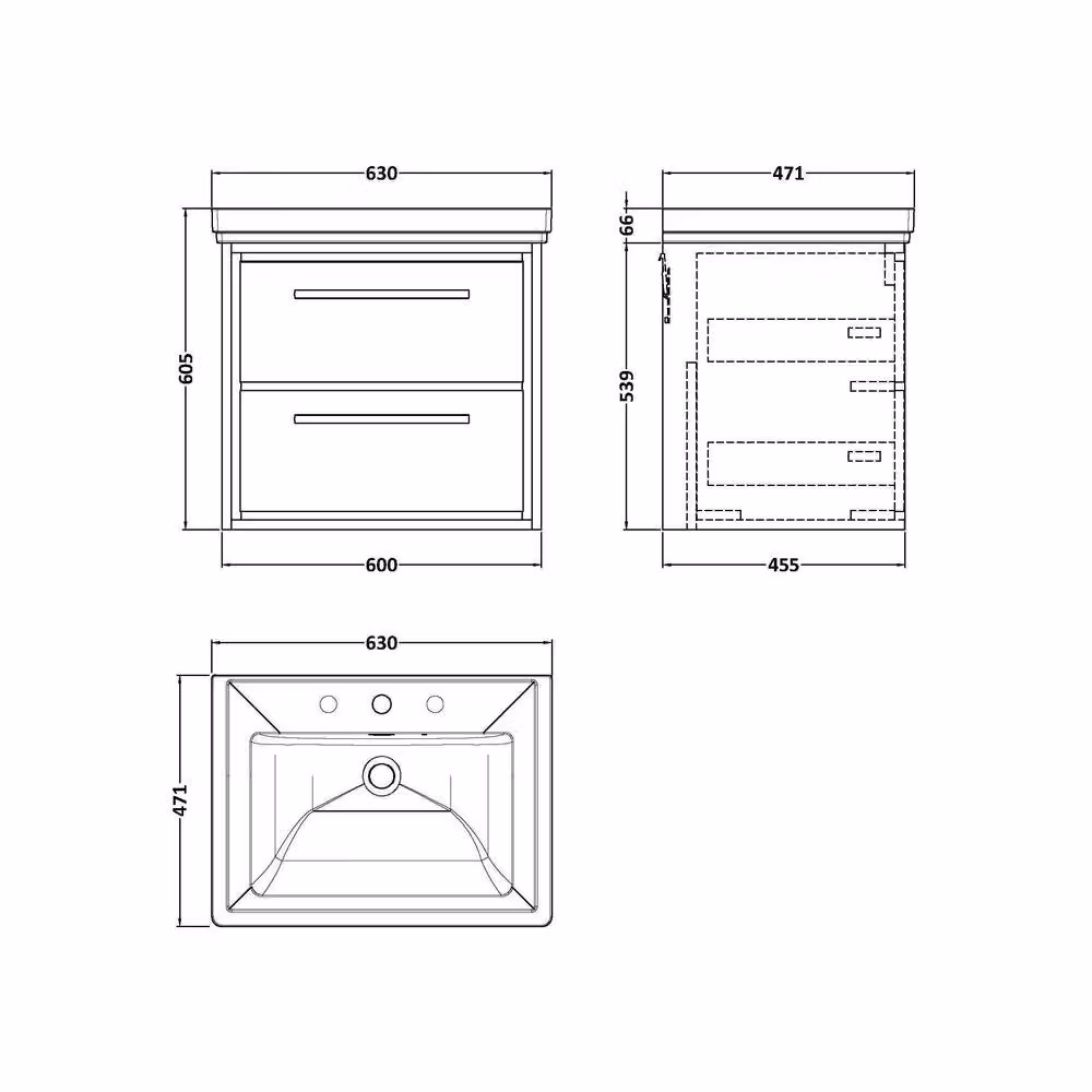 Balterley Longnor 2 Drawer Wall Hung Vanity Basin Unit, Light Oak Brown, W: 60 cm, D: 60.5 cm, H: 60 cm – 2