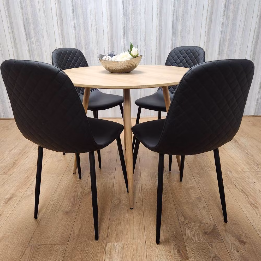 Kosy Koala Round Oak Effect Kitchen Dining Table and 4 Black Faux Leather Padded Chairs Dining Set – 2