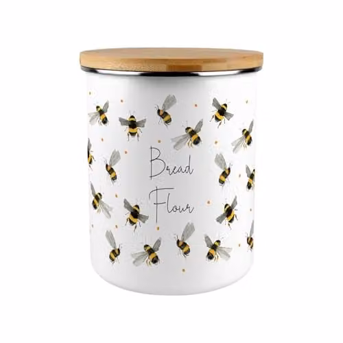 Purely Home Floral Enamel Bread Flour Canister in Yellow and White with Bamboo Lid