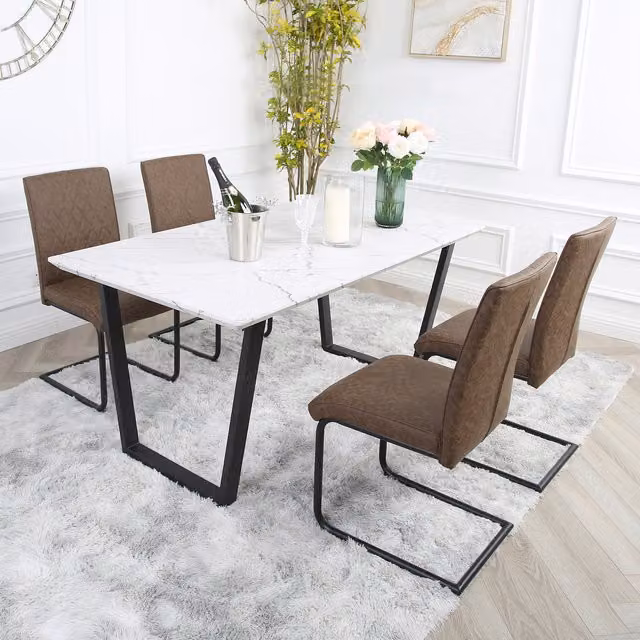 Home Garden Direct Atlas Dining Table Set with 4 Nestor Industrial Chairs, Brown and Grey Marble Rectangular Table