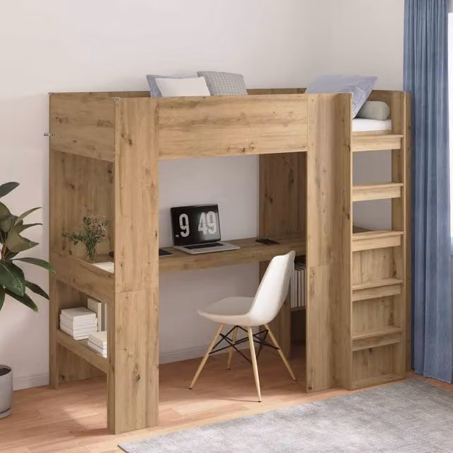 Berkfield Home Loft Bed Frame with Desk and Shelf in Artisan Oak Brown, W/D/H: 90 x 190 cm