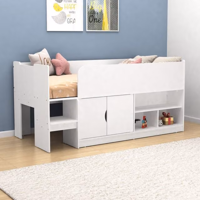 KIDSAW Single Mid Sleeper Bed with Cupboard, Shelves and Stairs in White