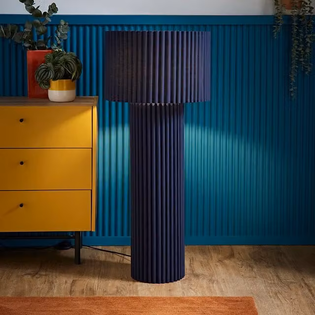 ValueLights Lenny Ribbed Fabric Midi Floor Lamp with Drum Lampshade and LED Bulb, Blue