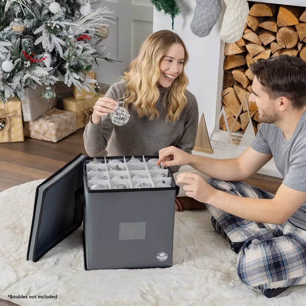 Christmas Village Collapsible Bauble Storage Bag in Grey and Red, 600D Fabric Premium 4-Layer Festive Ball Holder with Separator and Handles, W/D/H: 36.1 x 32.7 x 32.7 cm – 5