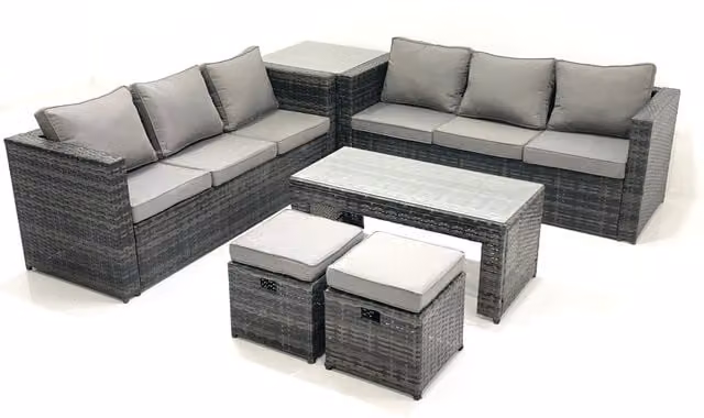 Fimous Garden Outdoor Rattan Furniture Set in Dark Grey with Sofa, Coffee Table, 2 Footstools and Side Table