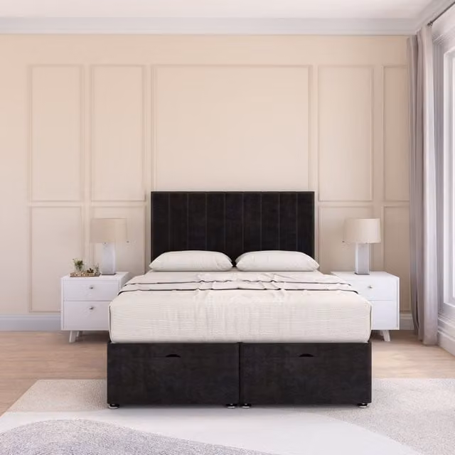 Sloomy Kansas Black Plush Fabric Ottoman Bed with Hybrid Memory Mattress and 26 Inch Headboard, W/D/H: 140 x 200 cm